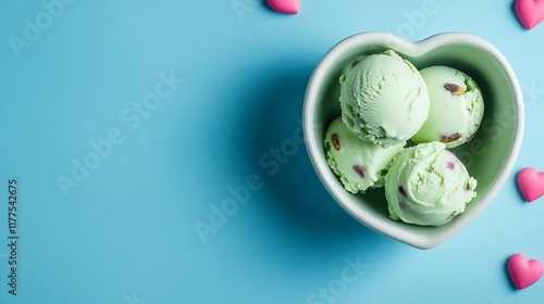 Blue teapot near a heart shaped bowl of pistachio ice cream on blue background photo