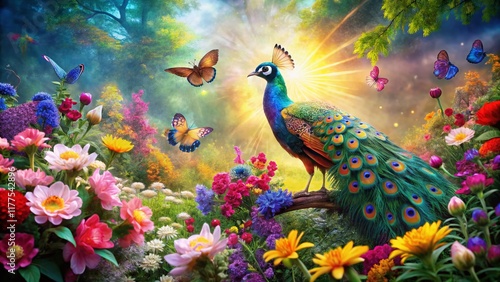 Majestic Peacock in Vibrant Blooming Garden - Double Exposure Photography