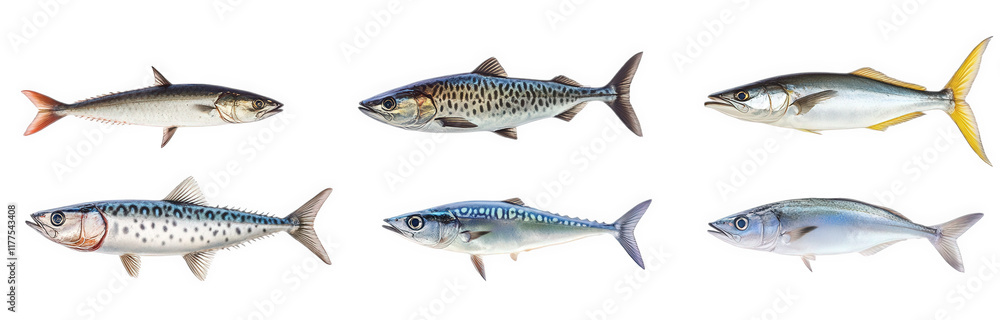 variety of fish. displayed in a row against a white background. showcasing their distinct colors and patterns this representation serves educational or informational purposes. possibly for identificat variety of fish. displayed in a row against a white background. showcasing their distinct colors and patterns this representation serves educational or informational purposes. possibly for identificat