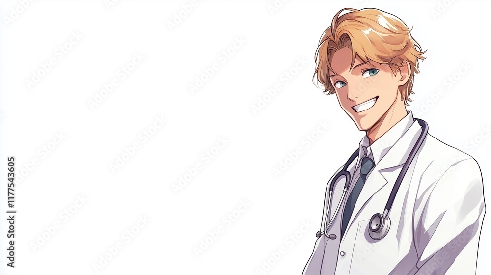 Cheerful anime-style doctor smiling on a white background. Cheerful anime-style doctor smiling on a white background.