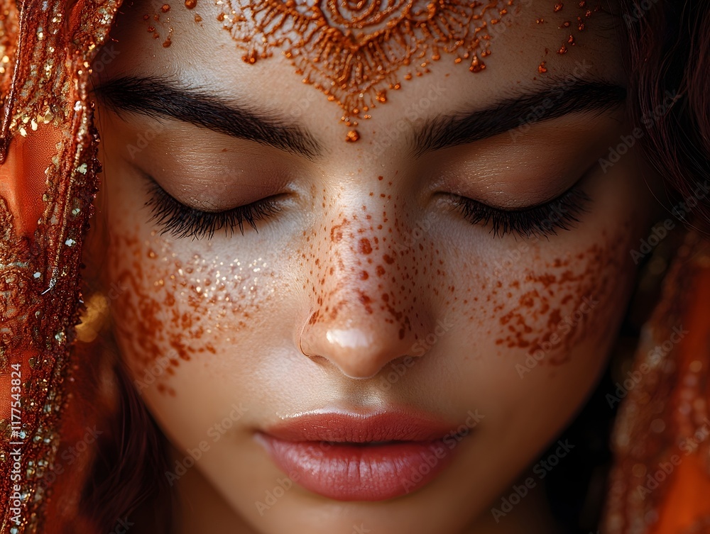 Captivating Close Up of Woman s Face with Elaborate Henna Patterns and Dramatic Lighting Captivating Close Up of Woman s Face with Elaborate Henna Patterns and Dramatic Lighting