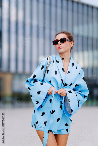Stylish woman in a blue suit