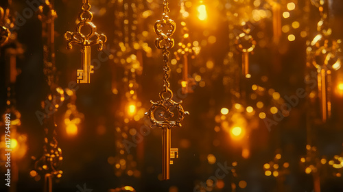Golden Keys Hanging from Chains in a Magical Ambient Light Creating a Dazzling and Enchanting Visual Experience