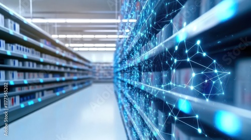 Digital network visualization in a modern library setting.