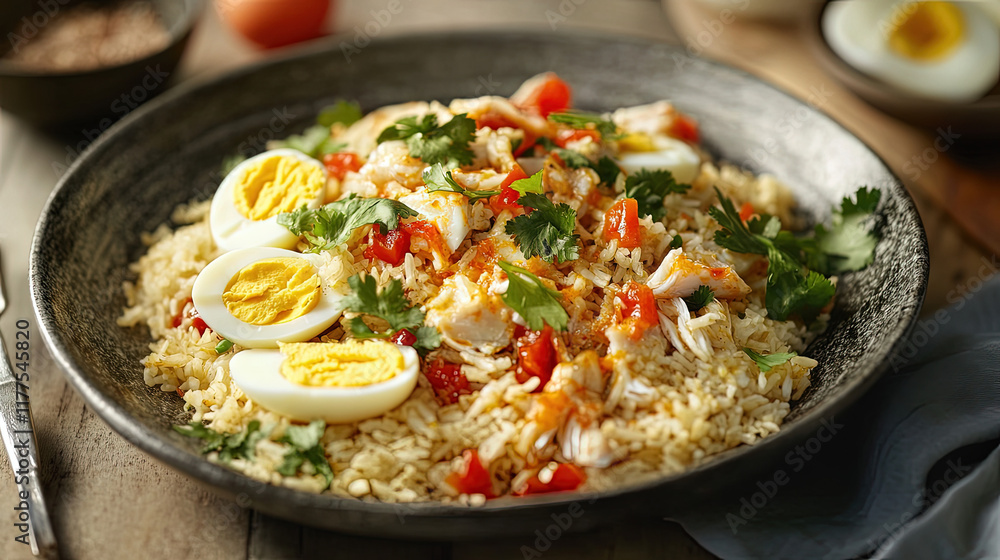 Kedgeree with flaked fish, rice, and boiled eggs Kedgeree with flaked fish, rice, and boiled eggs