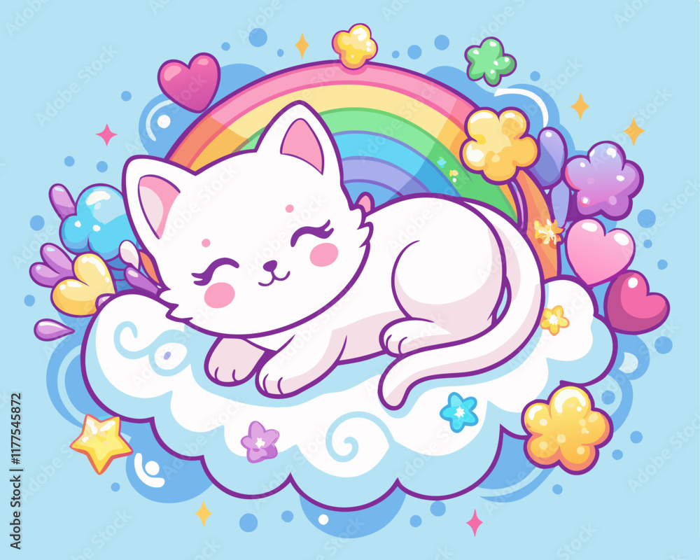 Cute White Kitten Sleeping on a Fluffy Cloud – Vibrant Night Sky Illustration Cute White Kitten Sleeping on a Fluffy Cloud – Vibrant Night Sky Illustration