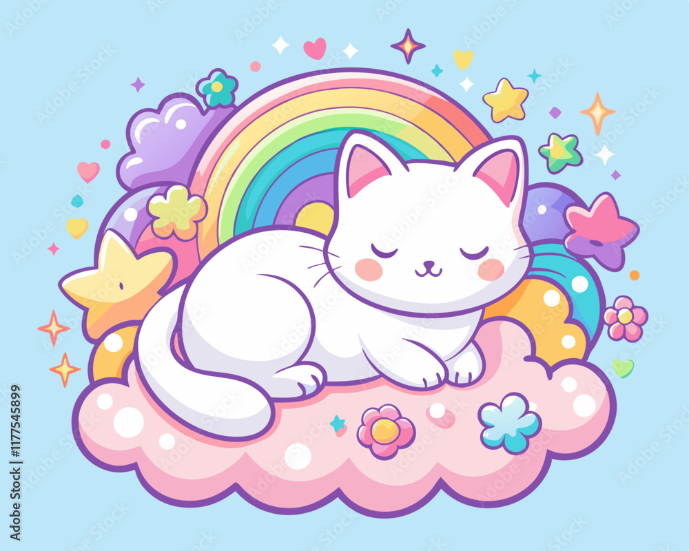 Cute White Kitten Sleeping on a Fluffy Cloud – Vibrant Night Sky Illustration Cute White Kitten Sleeping on a Fluffy Cloud – Vibrant Night Sky Illustration