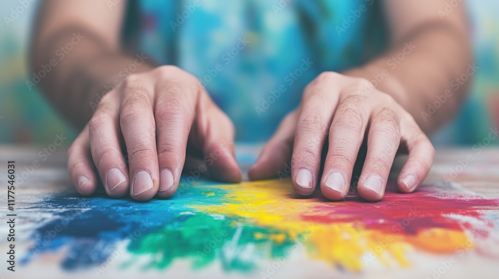 Hands Resting on Colorful Abstract Painting Surface, Conveying Strength and Creativity Despite Muscular Dystrophy, Emphasizing the Vibrancy and Passion Behind Artistic Expression in Adversity