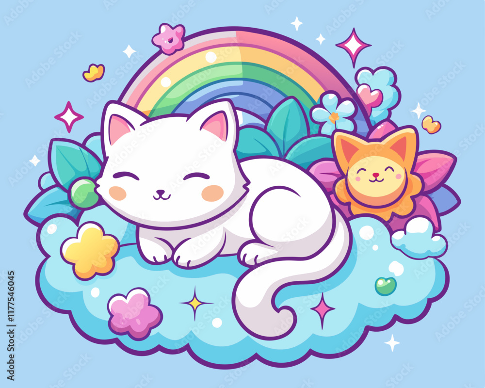 Cute White Kitten Sleeping on a Fluffy Cloud – Vibrant Night Sky Illustration Cute White Kitten Sleeping on a Fluffy Cloud – Vibrant Night Sky Illustration