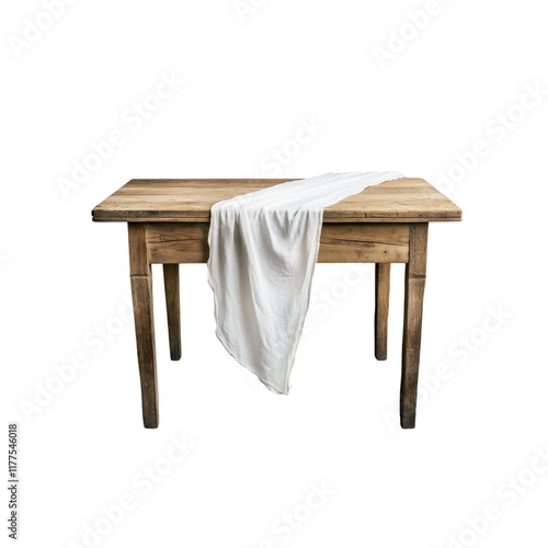 Rustic wooden table with a white linen runner draped across the top. Suitable for dining setups, decor accents, or interior design inspiration. Isolated on transparent background, png.