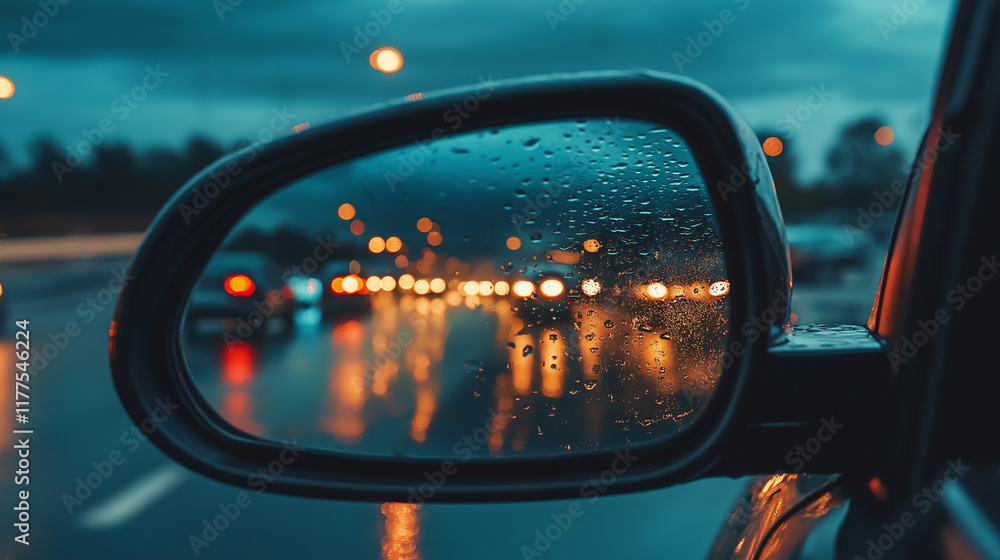 Bokeh Lights in Car Side Mirror on Wet Road Bokeh Lights in Car Side Mirror on Wet Road