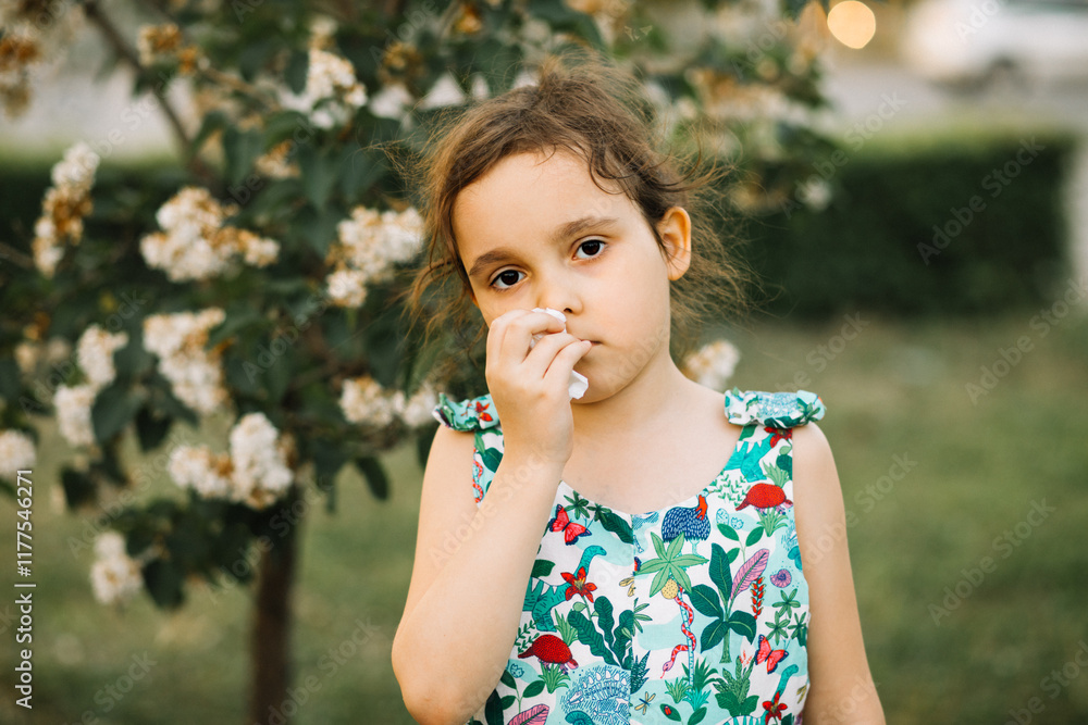 Little kid girl with seasonal allergy gets cold and blows her nose outdoor nearby blooming trees. Healthcare, pollen and flowering allergy in spring concept. World Allergy Day. Little kid girl with seasonal allergy gets cold and blows her nose outdoor nearby blooming trees. Healthcare, pollen and flowering allergy in spring concept. World Allergy Day.