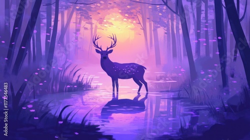 Purple Deer Forest Sunset Reflection Fantasy Art photo