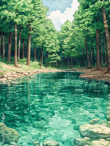 A serene forest scene featuring a crystal-clear stream surrounded by tall trees and vibrant greenery, ideal for nature-themed projects, relaxation spaces, or artwork,