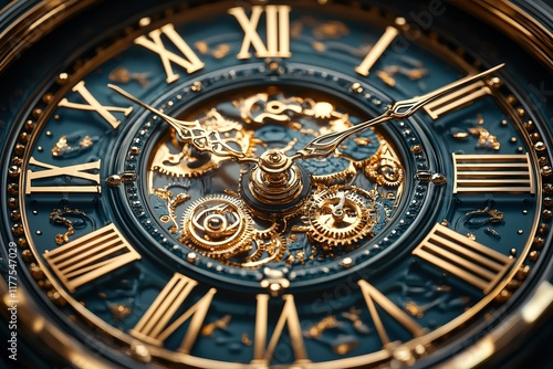 Close-up of an intricate clock face with gold Roman numerals and a visible gear mechanism.  The dark blue face contrasts beautifully with the golden accents.