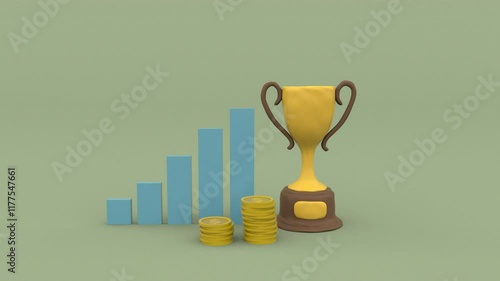 A golden trophy rising graphs and coins symbolizing success and achievement success concept 3d animation