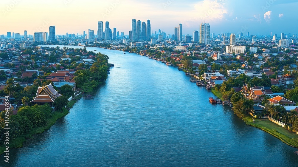 Obraz premium Panoramic aerial view of Bangkok's Chao Phraya River, showcasing residential, commercial, and historical architecture.
