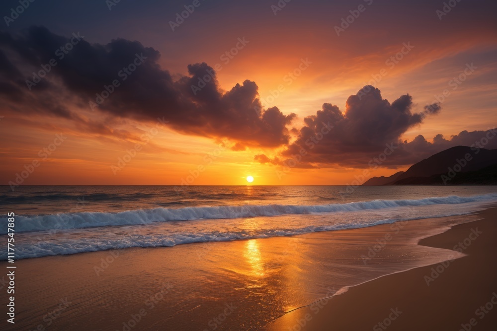 sunset on the beach with waves and clouds sunset on the beach with waves and clouds