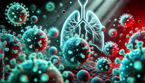 Wallpaper Mural Human metapneumovirus HMPV, with blueprint of lungs and virus in the background. a respiratory virus causing flu-like symptoms such as coughs and fevers.  Torontodigital.ca