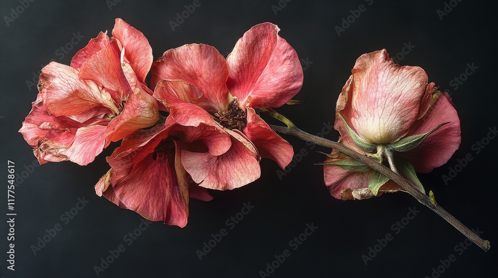 Obraz premium Faded Beauty A Study of Withered Rose Blossoms on a Dark Backdrop Showing the Delicate Textures of Aging Flora