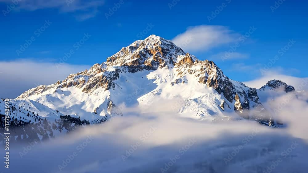 Majestic snow-capped mountain rises above clouds in a clear blue sky Majestic snow-capped mountain rises above clouds in a clear blue sky