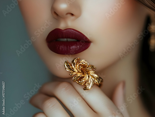 A close-up of a woman showcasing elegant makeup and a stunning gold accessory, embodying style and sophistication. photo