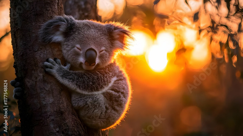 A cozy koala hugging a tree during sunset, showcasing the peaceful beauty of wildlife in its natural habitat. photo