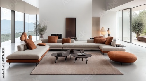 Luxury modern lounge with panoramic windows and sleek contemporary furniture photo