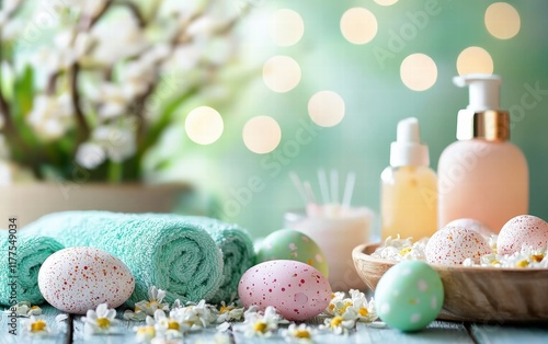 Bath and body care items surrounded by colorful Easter eggs and a serene spa backdrop photo