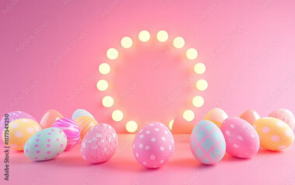 Bold pastel Easter eggs arranged in a circular pattern with a glowing pink background Bold pastel Easter eggs arranged in a circular pattern with a glowing pink background