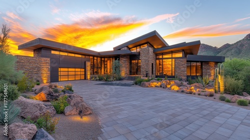Modern luxury desert home exterior at sunset with sleek architecture