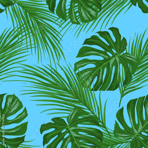 Jungle vector pattern with tropical leaves. Trendy summer print. Exotic seamless background.	
