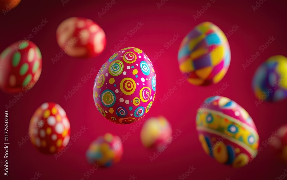 Colorful Easter eggs with abstract designs floating mid-air on a deep red background Colorful Easter eggs with abstract designs floating mid-air on a deep red background