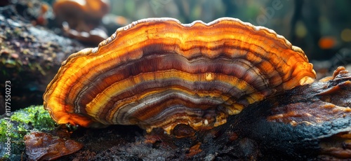 A vibrant, orange and brown mushroom cap sits amidst moss-covered rocks, showcasing intricate patterns, This image can be used in nature-themed articles, environmental campaigns photo