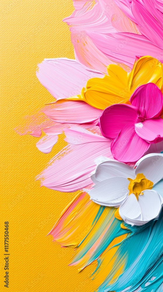 Fototapeta premium Vibrant Abstract Floral Painting Pink Yellow Teal Acrylic Strokes on Yellow Canvas
