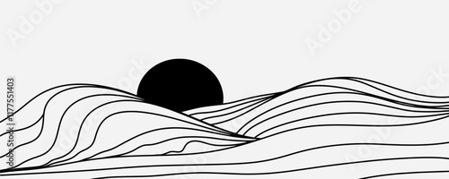 Minimalist line art illustration of a mountain landscape, with sharp and detailed lines.