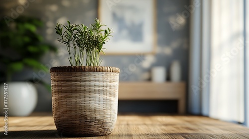 Bucket with a bamboo weave effect on room background