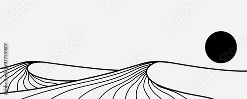 Minimalist line art illustration of a mountain landscape, with sharp and detailed lines.