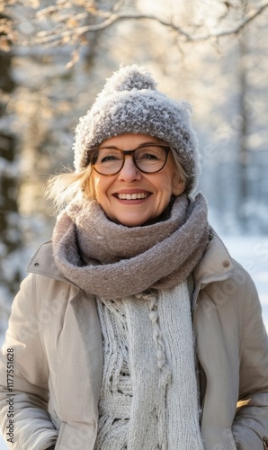 Joyful winter stroll a happy year-old woman in nature snowy landscape outdoor serenity captivating viewpoint