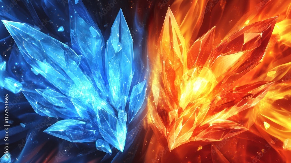 Fototapeta premium Opposing ice and fire crystals clashing in cosmic space; game art