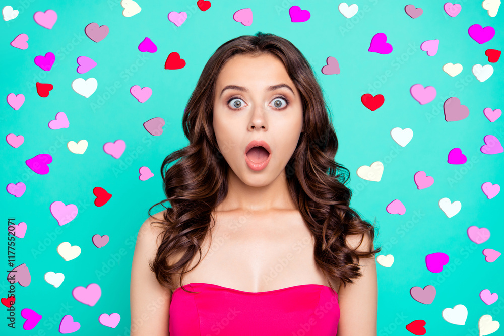 Sale and discount advertisement concept. Portrait of sweet, gorgeous, nice, adorable, good-looking brunette lady with wide open eyes and lips look at camera isolated on vivid turquoise background Sale and discount advertisement concept. Portrait of sweet, gorgeous, nice, adorable, good-looking brunette lady with wide open eyes and lips look at camera isolated on vivid turquoise background
