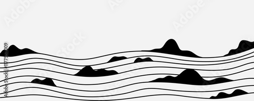 Minimalist line art illustration of a mountain landscape, with sharp and detailed lines.