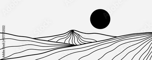 Minimalist line art illustration of a mountain landscape, with sharp and detailed lines.
