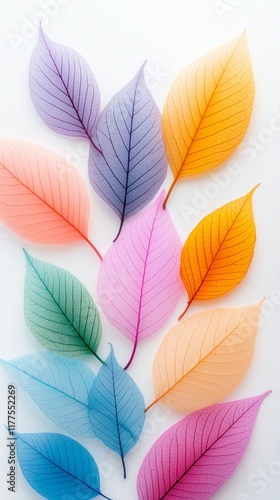 Colorful Skeleton Leaves Arrangement Pastel Rainbow Leaf Design Nature Still Life