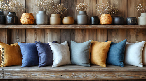 Inspiring Cozy Home Decor: Durably Designed Decorative Pillows on a Wooden Shelf Enhanced by Inviting Natural Light photo