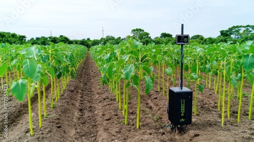 Device monitoring growth in a field of young plants. photo