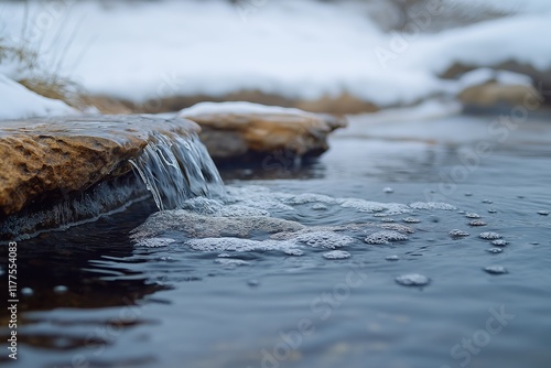 Cold water therapy in natural winter stream setting for wellness and relaxation photo