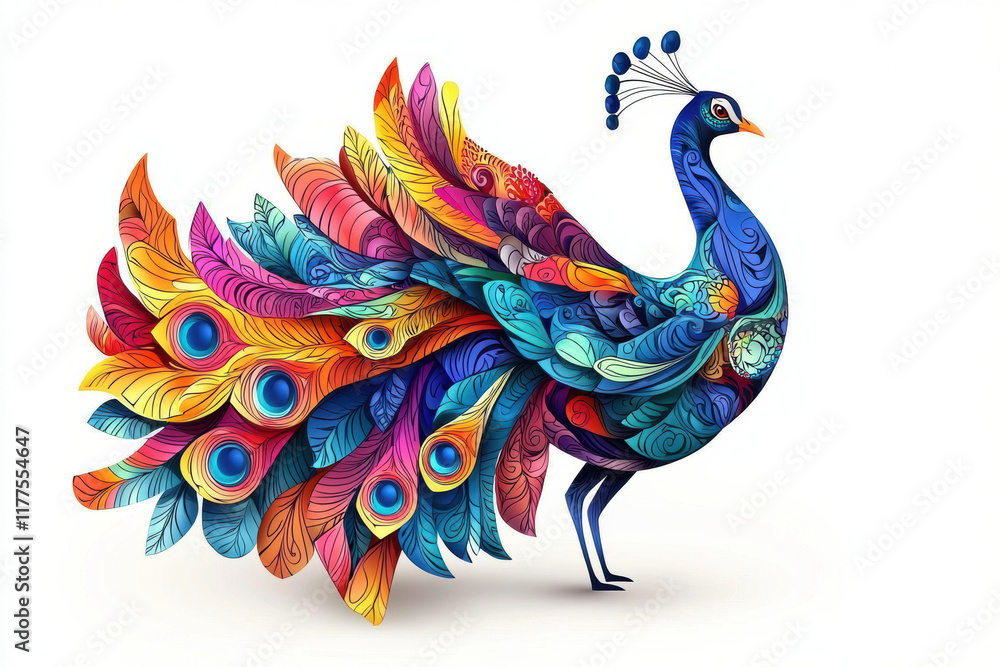 Obraz premium vibrant hand drawn peacock illustration with colorful, intricate feather details