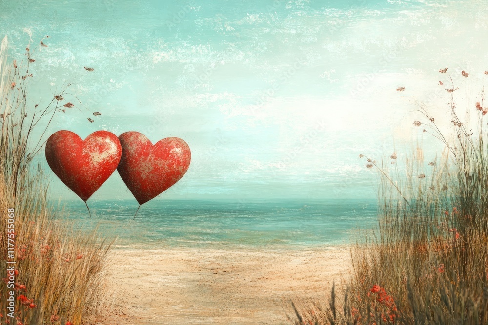 Fototapeta premium A romantic beach scene with two heart shapes in the sand and open space for text Valentine’s Day card