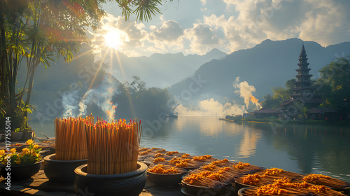 A Beautiful Display of Artisans at Work in Quang Phu Cau Village, Hanoi, Creating Colourful Joss Sticks Under the Bright Sun photo